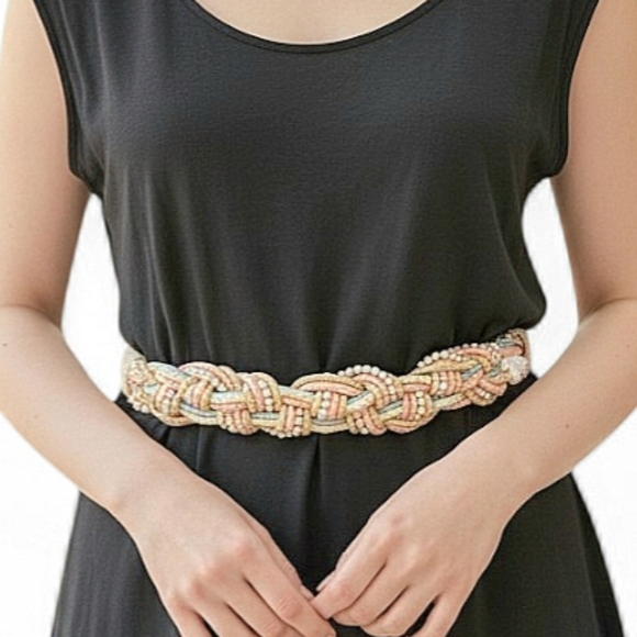 Vintage Braided Rope Belt Pearl Detail Pastel Nautical Statement Waist Belt. M/L main image 11